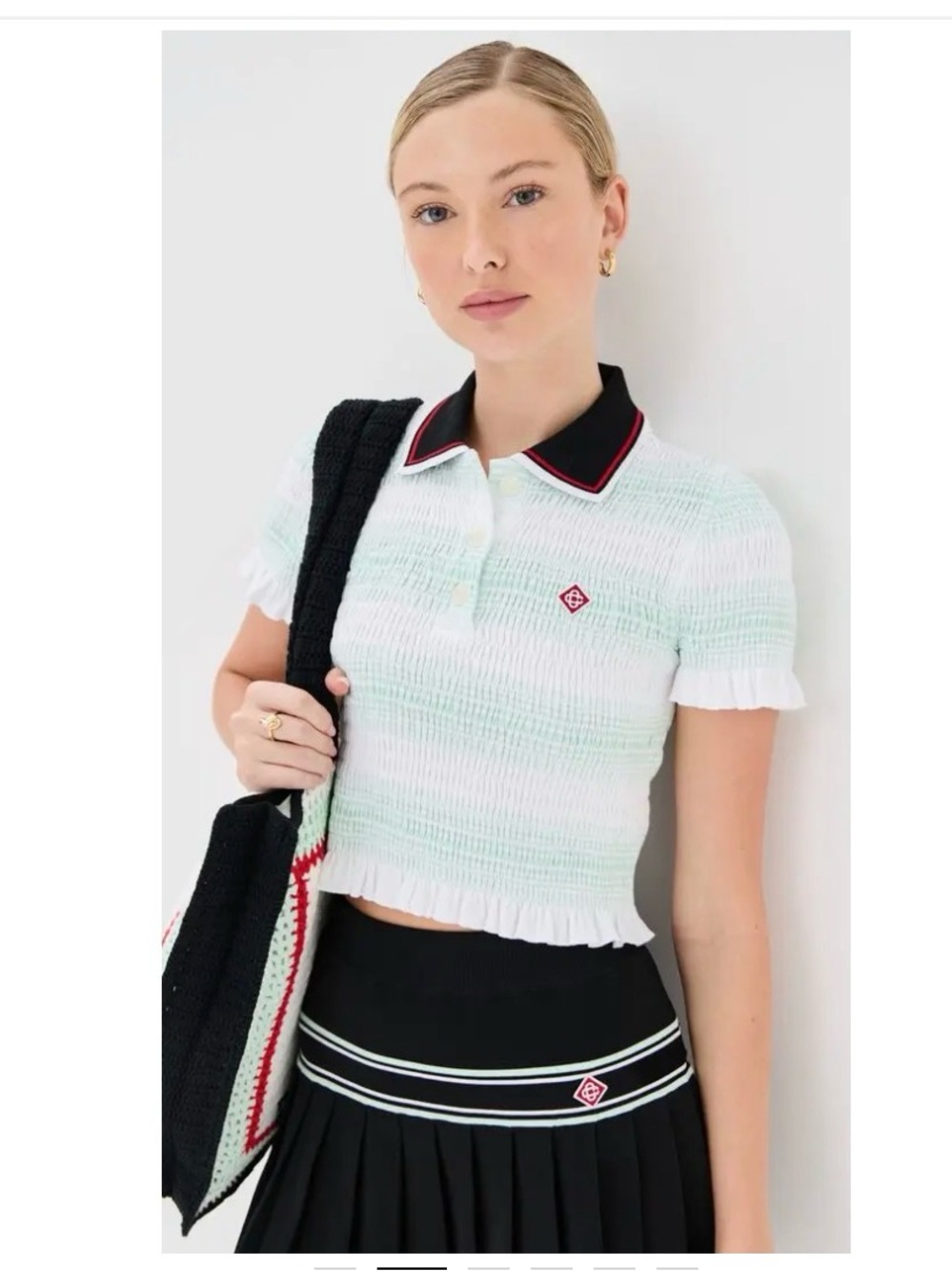 Casablanca Cropped Mint & White Smocked Polo Top with Contrast Collar
